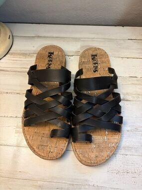 Kork-Ease Black Leather Strappy Cork Slide Sandals